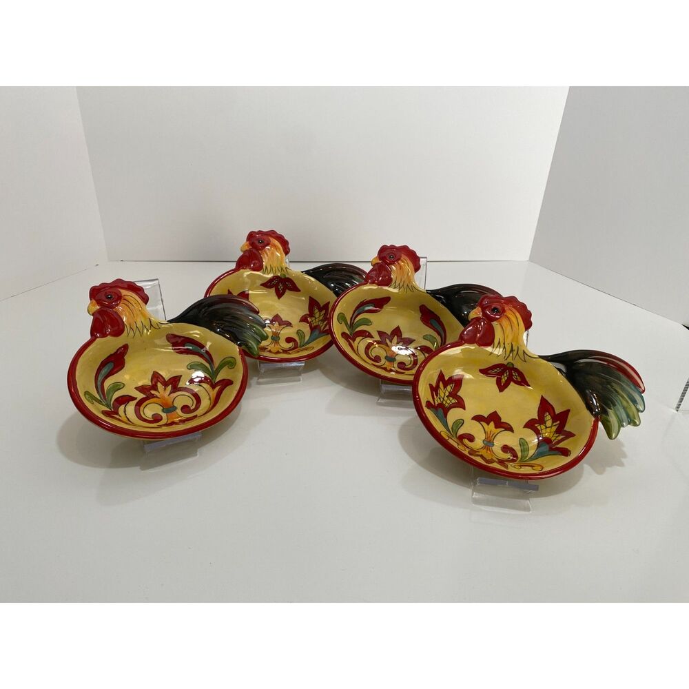 Set of 4 Maxcera Rooster Hand Painted Floral Design Decorative Dishes/Bowls